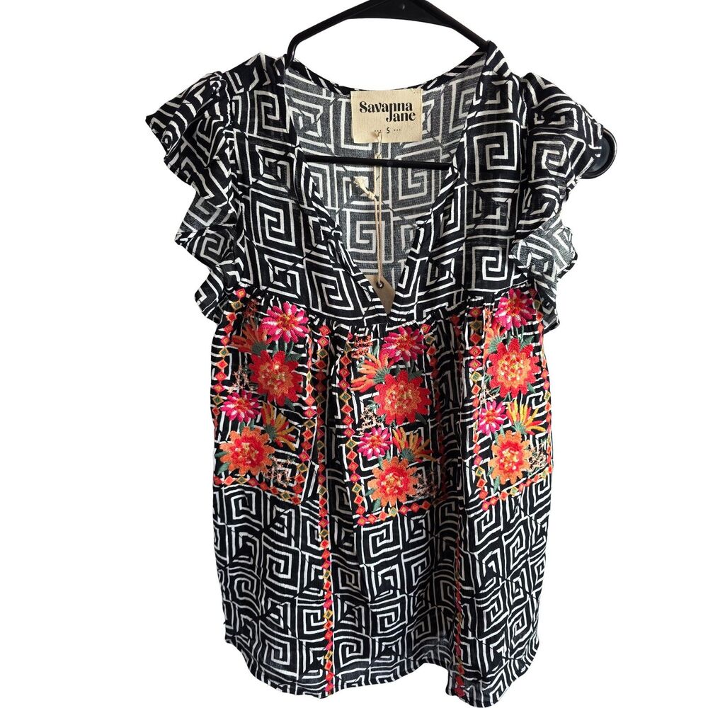 Savanna Jane Greek Key Embroidered Floral Peasant Blouse Flutter Sleeve NWT S